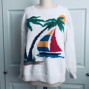 Rare VTG Abercrombie & Fitch Cotton Palm Trees Sail Boat England Sweater Size L